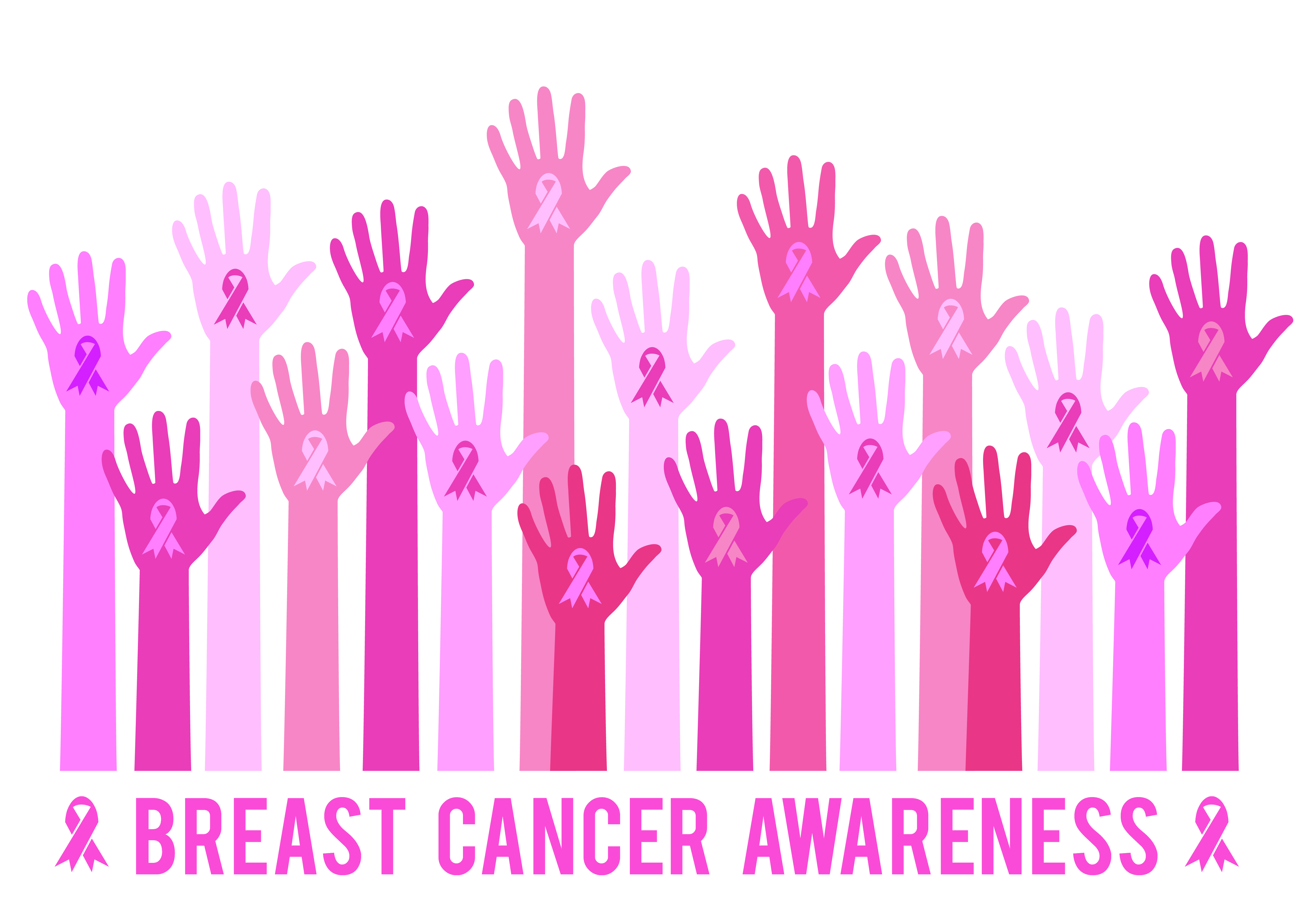 The text breast cancer awareness with hands of different tones of pink in the air with a ribbon