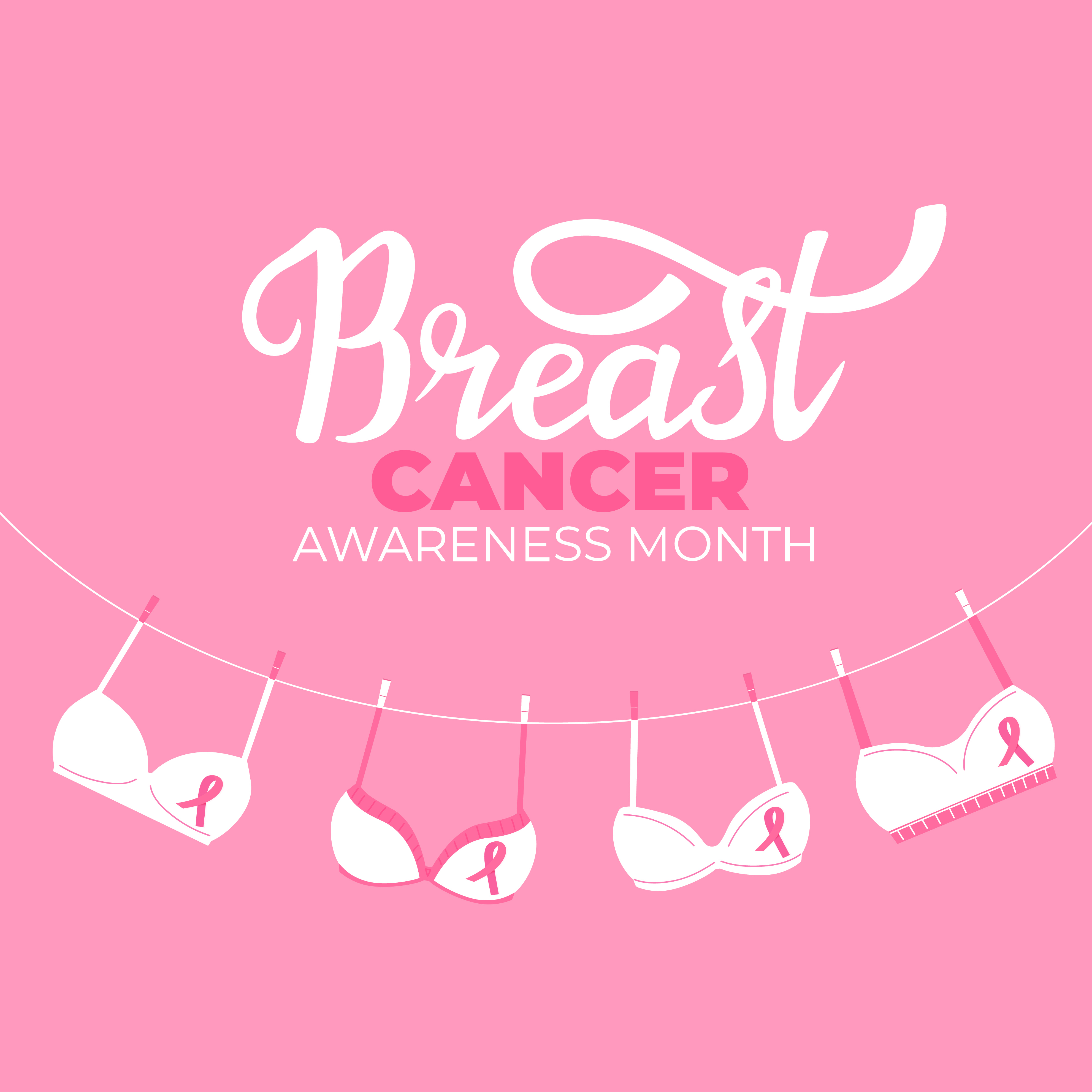 The text breast cancer awareness month above bras hanging on a line