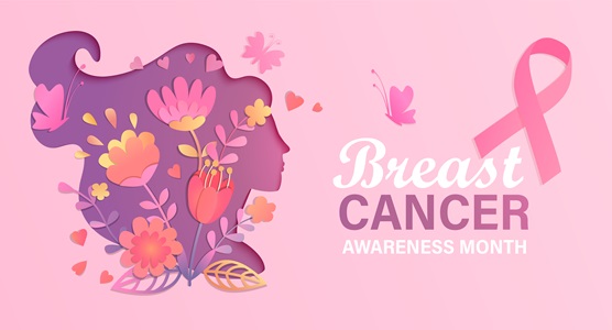 Breast cancer awareness month text with side profile of woman's face and floral patterns