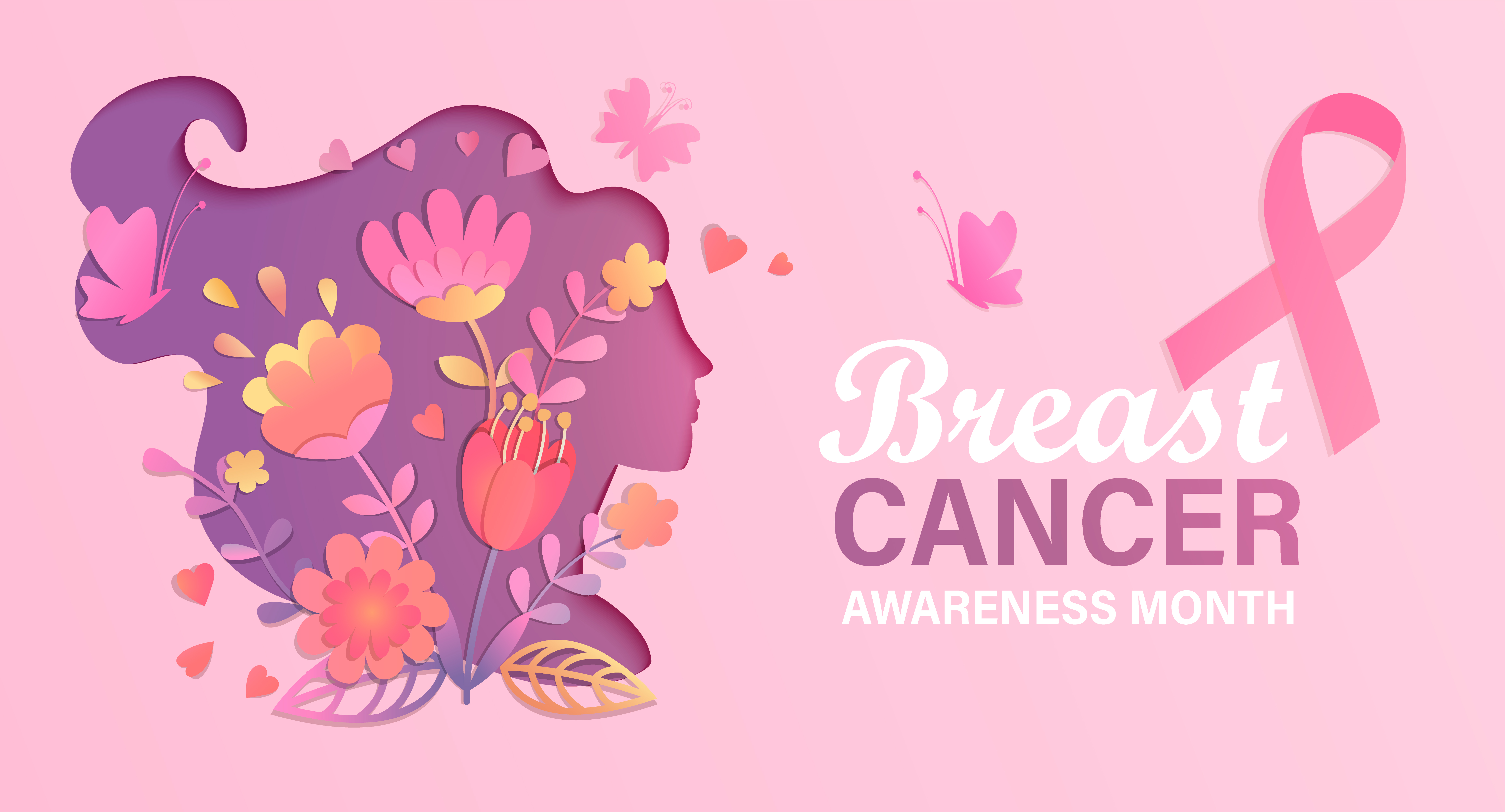 Breast cancer awareness month text with side profile of woman's face and floral patterns