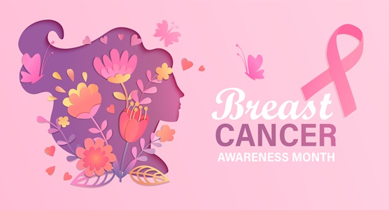 Breast cancer awareness month text with side profile of woman's face and floral patterns