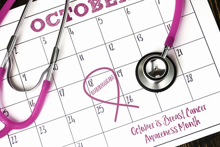 Calendar showing October with breast cancer awareness text