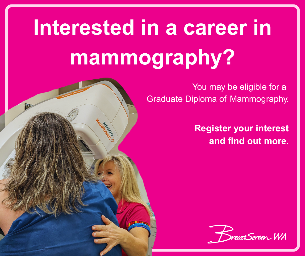 Pink background with image of a client and radiographer next to a mammogram machine.
