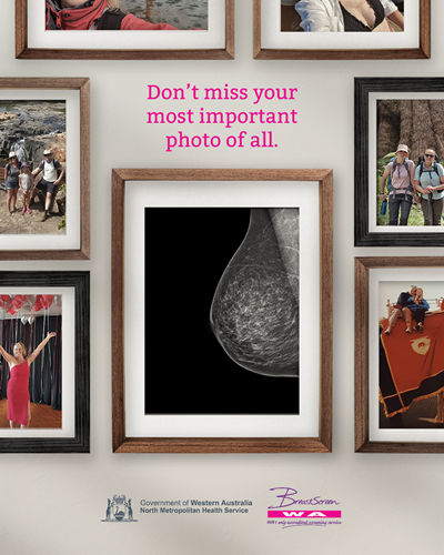 A picture of a wall of photos with a mammogram image in the middle and the text "Don't miss your most important photo of all"