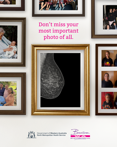 A picture of a wall of photos with a mammogram image in the middle and the text "Don't miss your most important photo of all"