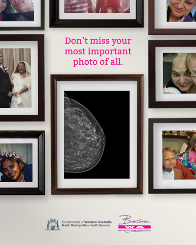 A picture of a wall of photos with a mammogram image in the middle and the text "Don't miss your most important photo of all"